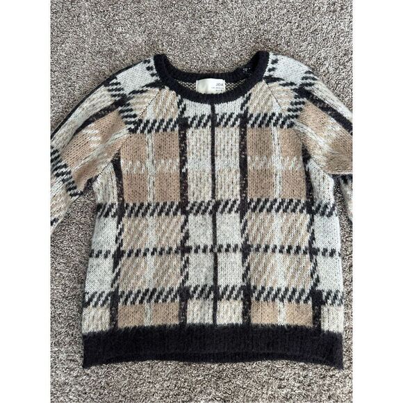 J.O.A. Natural Cozy Plaid Pullover Sweater Fuzzy Mohair Wool Checked Boxy Medium - Picture 7 of 13